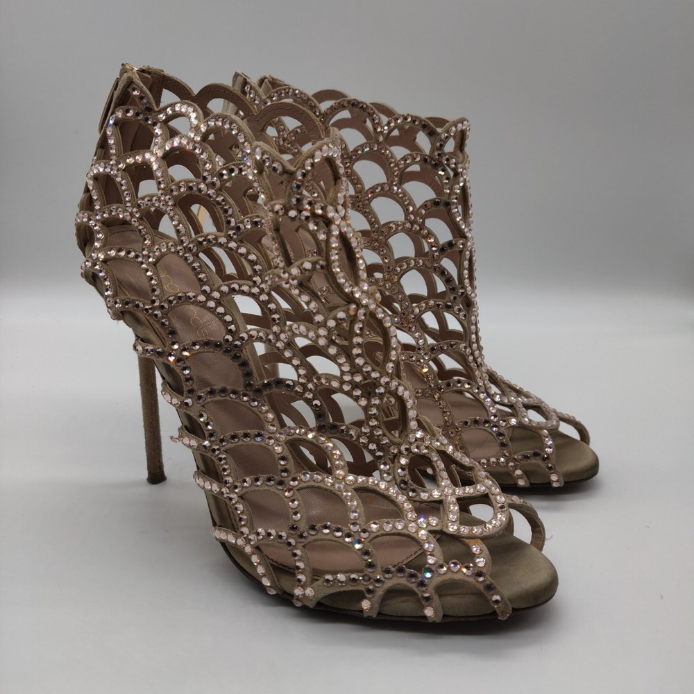 Sergio Rossi Suede Scalloped Crystal Mermaid Booties Embellished Size 37.5 7.5